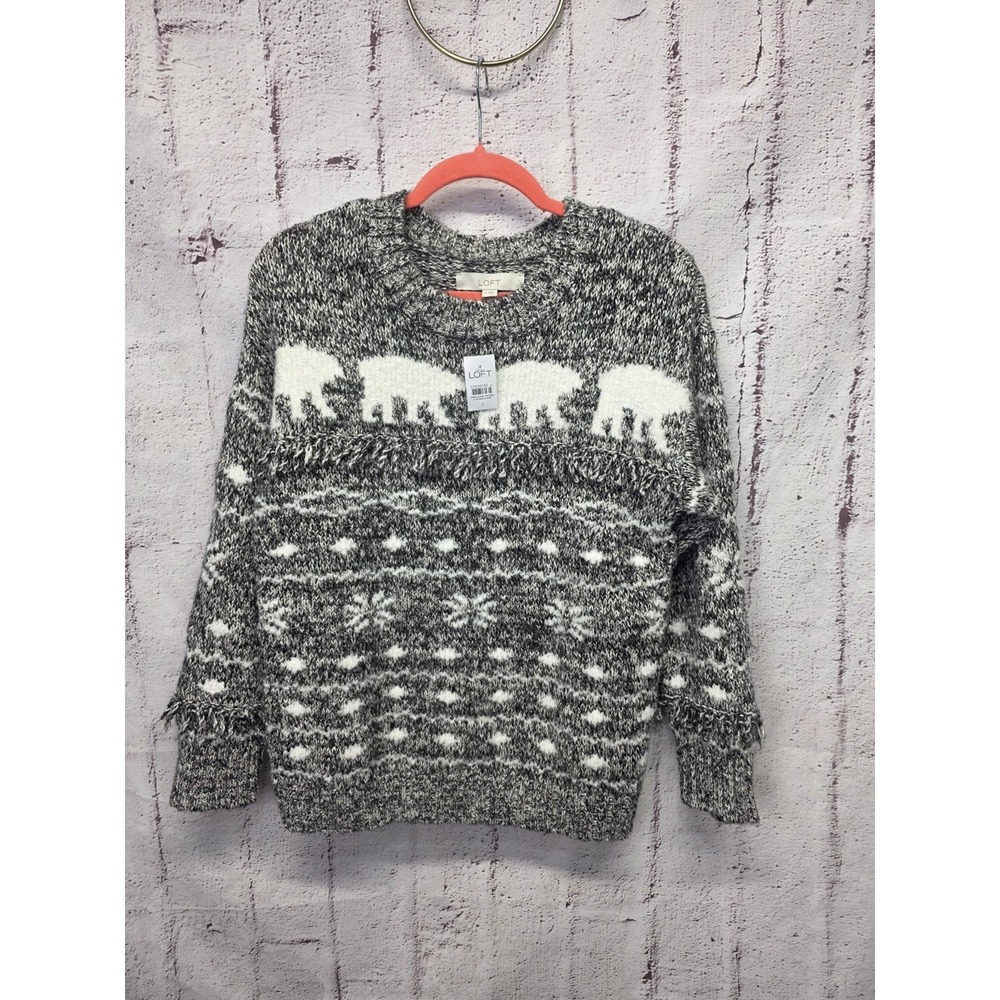 Loft Sweater Women Gray/White Polar Bears Fringe Long Sleeve Pullover Sz S NWT
